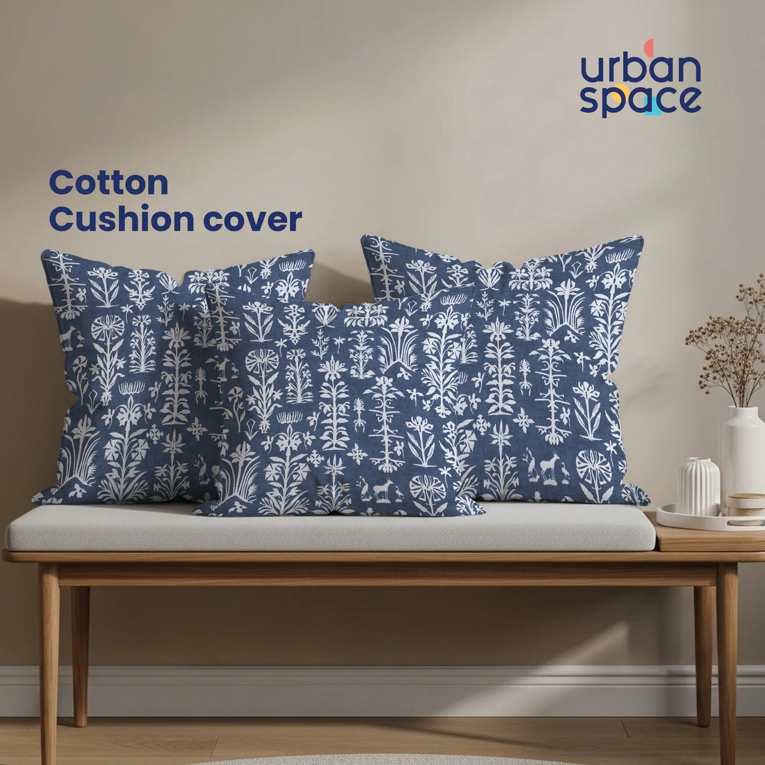 Cotton Cushion Covers, Throw pillow for couch- Twigs Indigo Blue