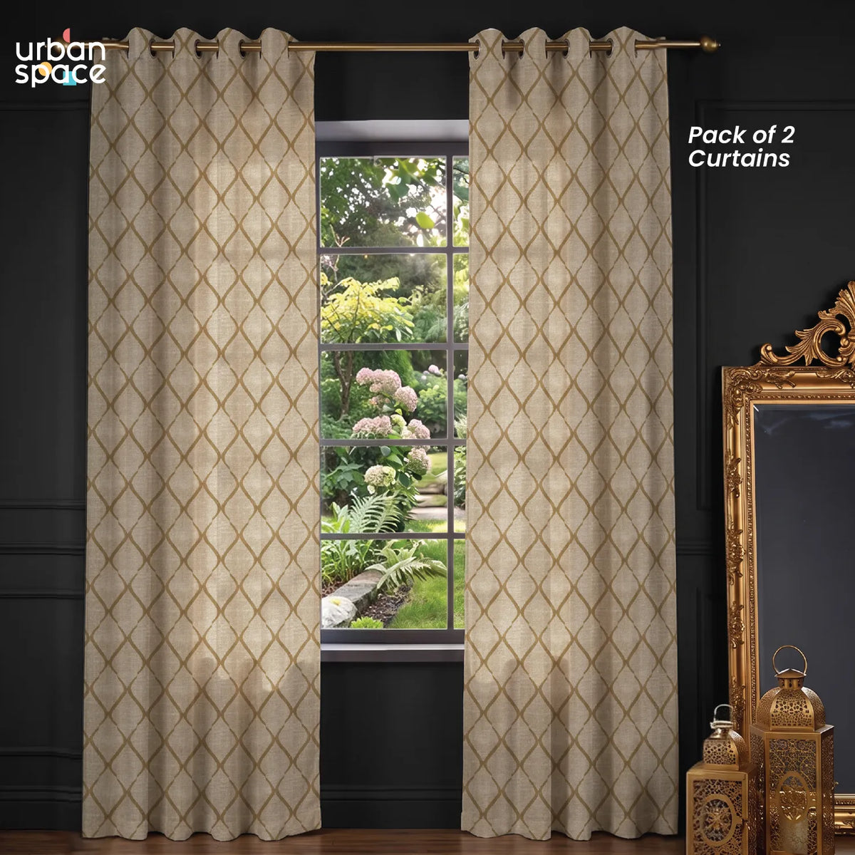 Premium Jacquard Curtains, 60% Light Blocking Door Curtains, Pack Of 2 - Brocade Beige