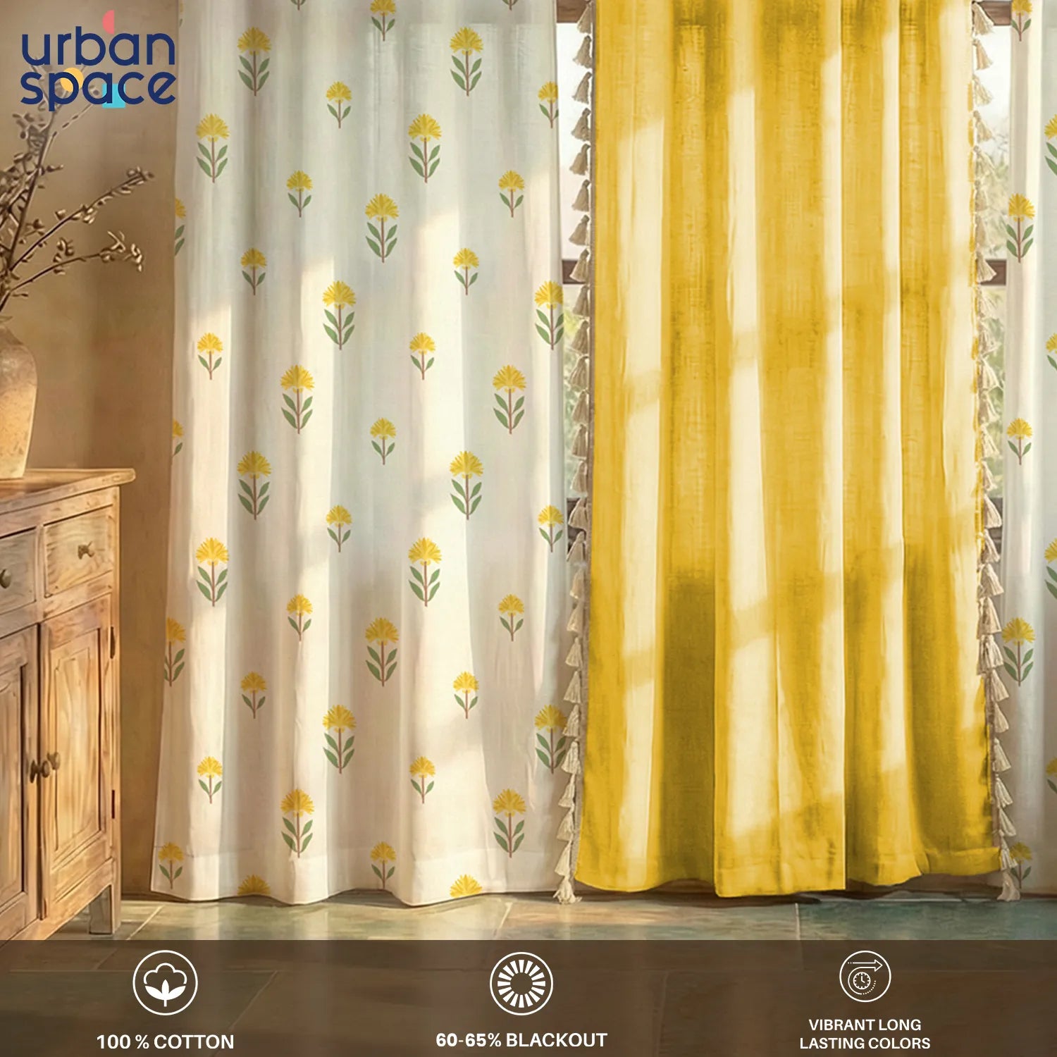 Cotton Curtains Combo, Set of 3 curtains, 60-65% Room Darkening Curtain - Aster & Aura Yellow
