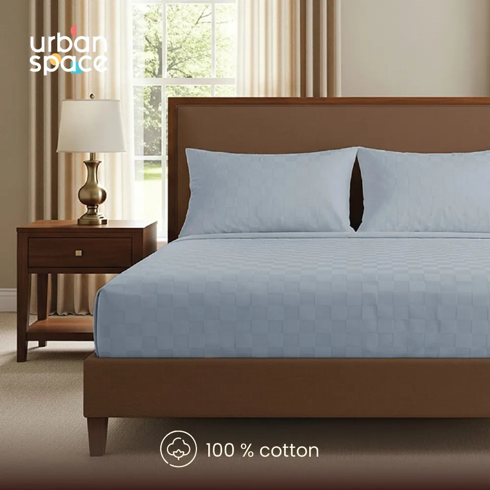 300 TC Super Soft King Bedsheet, Self Woven Cubes Design - Greyish Blue Cubes
