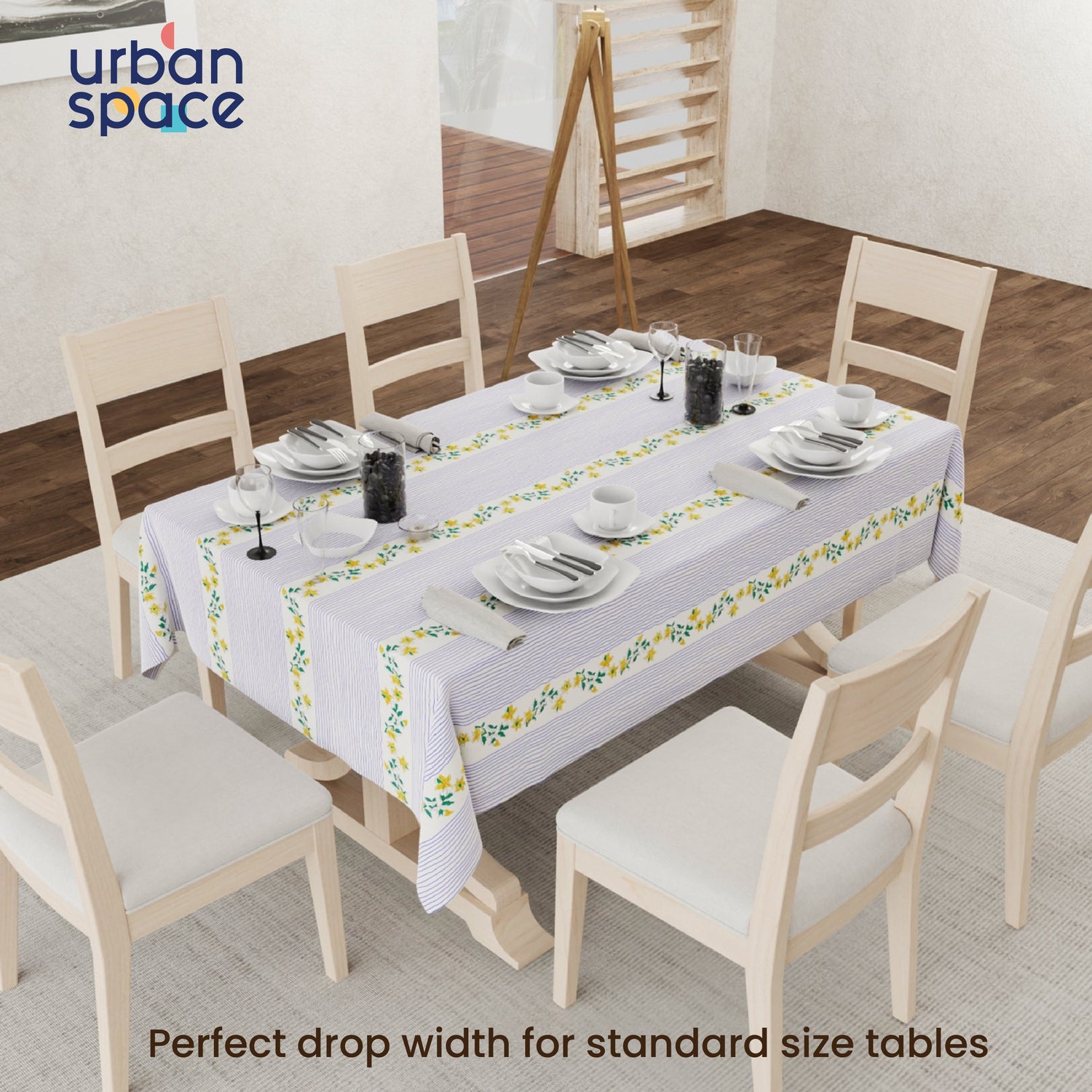Digital Printed Table Cover - Water Resistant, Full Size Table Cloth - Vine Lines Blue