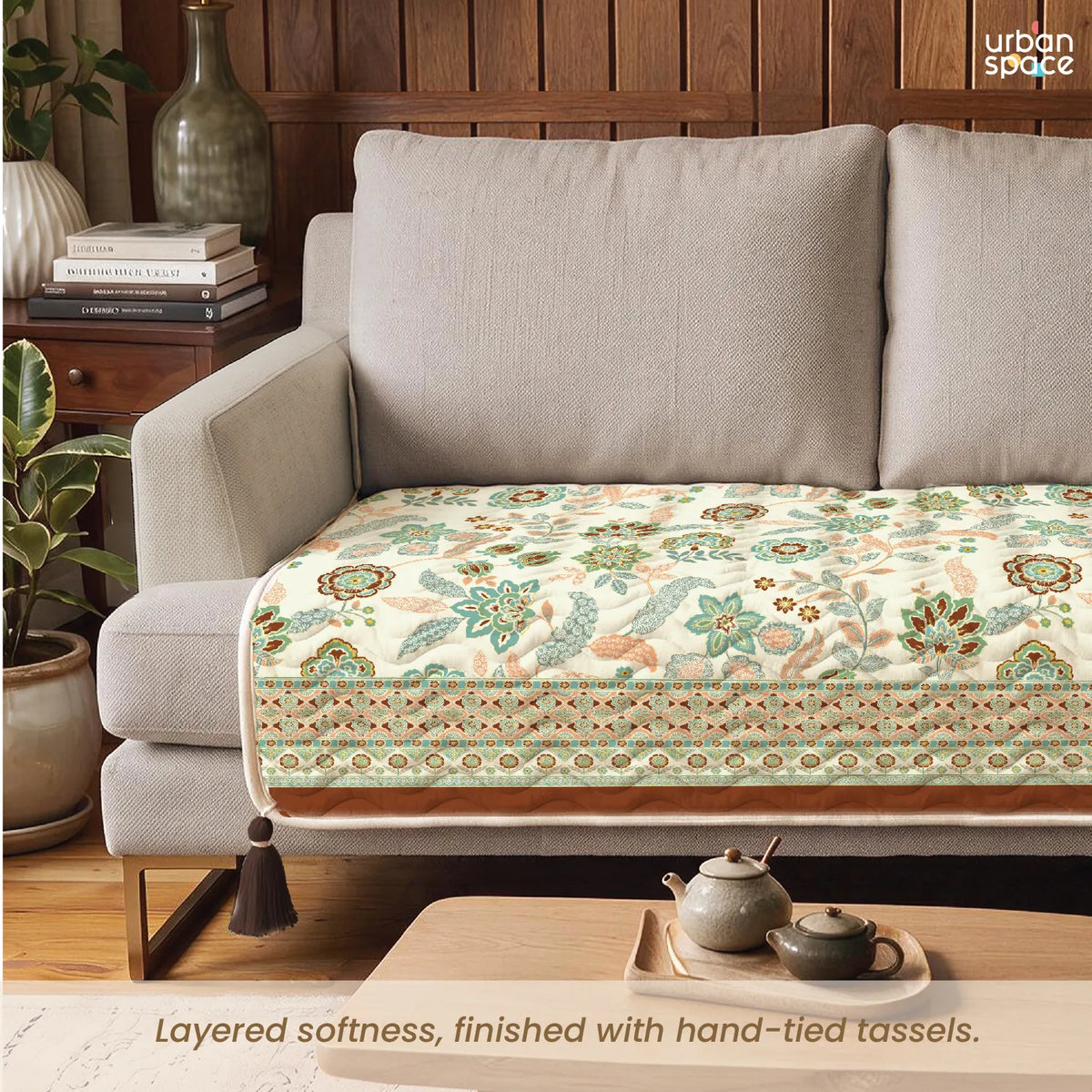Anti Skid Quilted & Printed Velvet Sofa Mats with Tassels - Noorjaal Brown