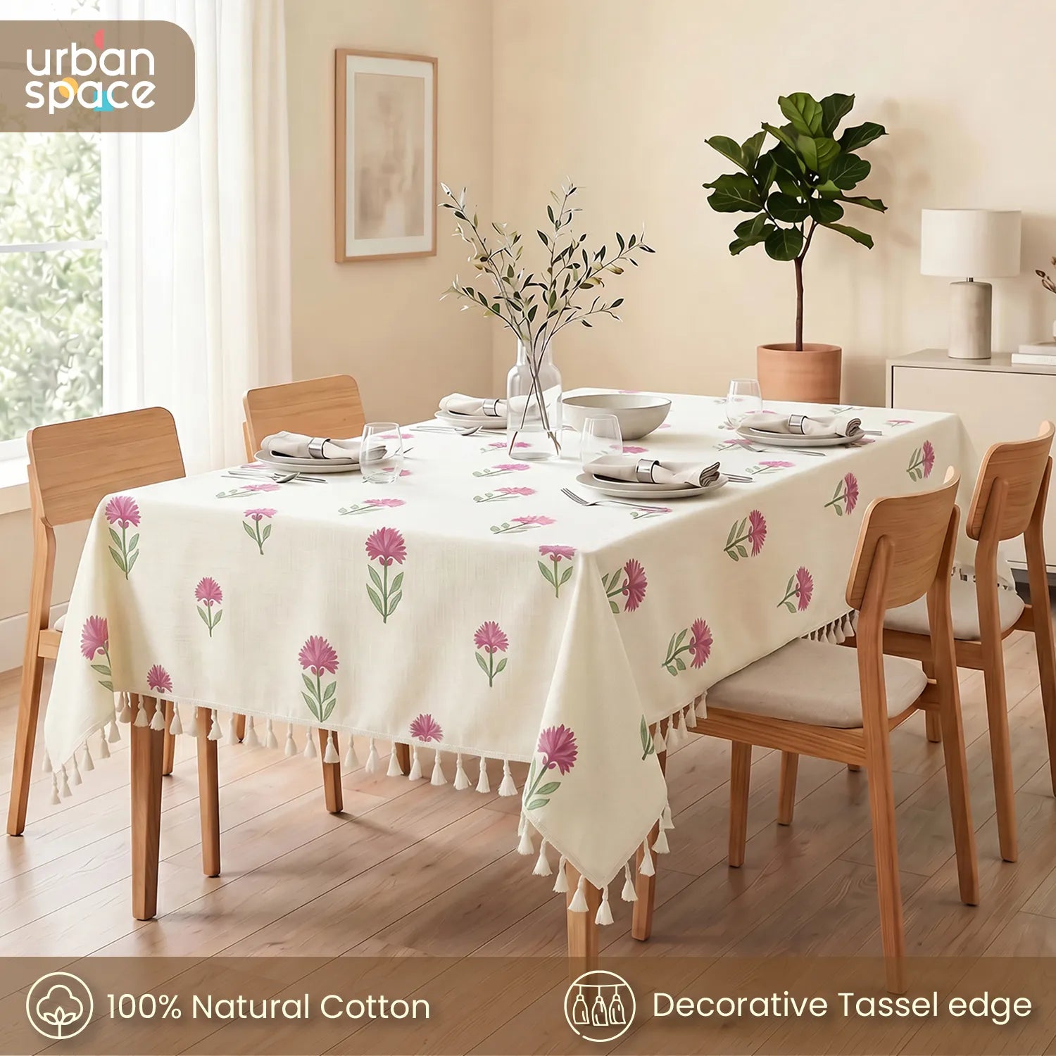 100% Cotton Table cloth/ table cover for 4 or 6 seater Dining / Centre Table - Aster Pink
