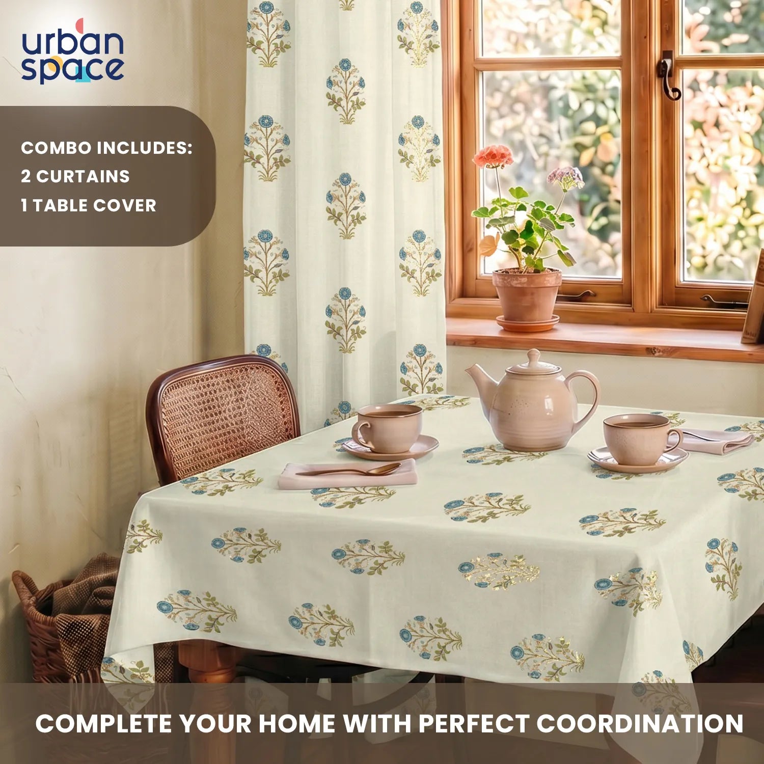 100% Cotton Pack of 2 Curtains & Table Cover Combo for Living Room - Zari Mohar Blue