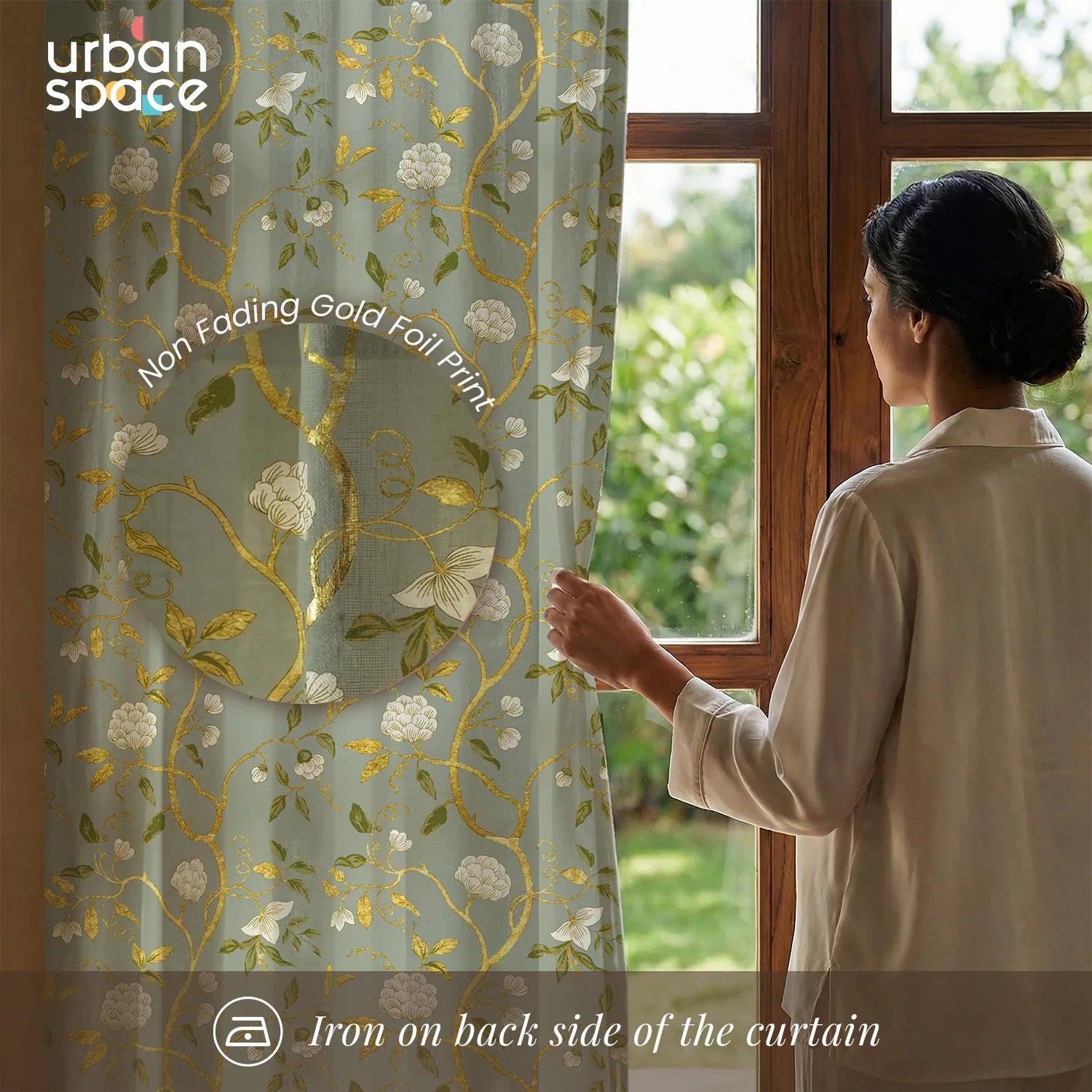 100% Cotton Gold Foil Curtains for Living Room, Bedroom curtains - Pack of 2 curtains, Zari Baagh Sage Green Gold