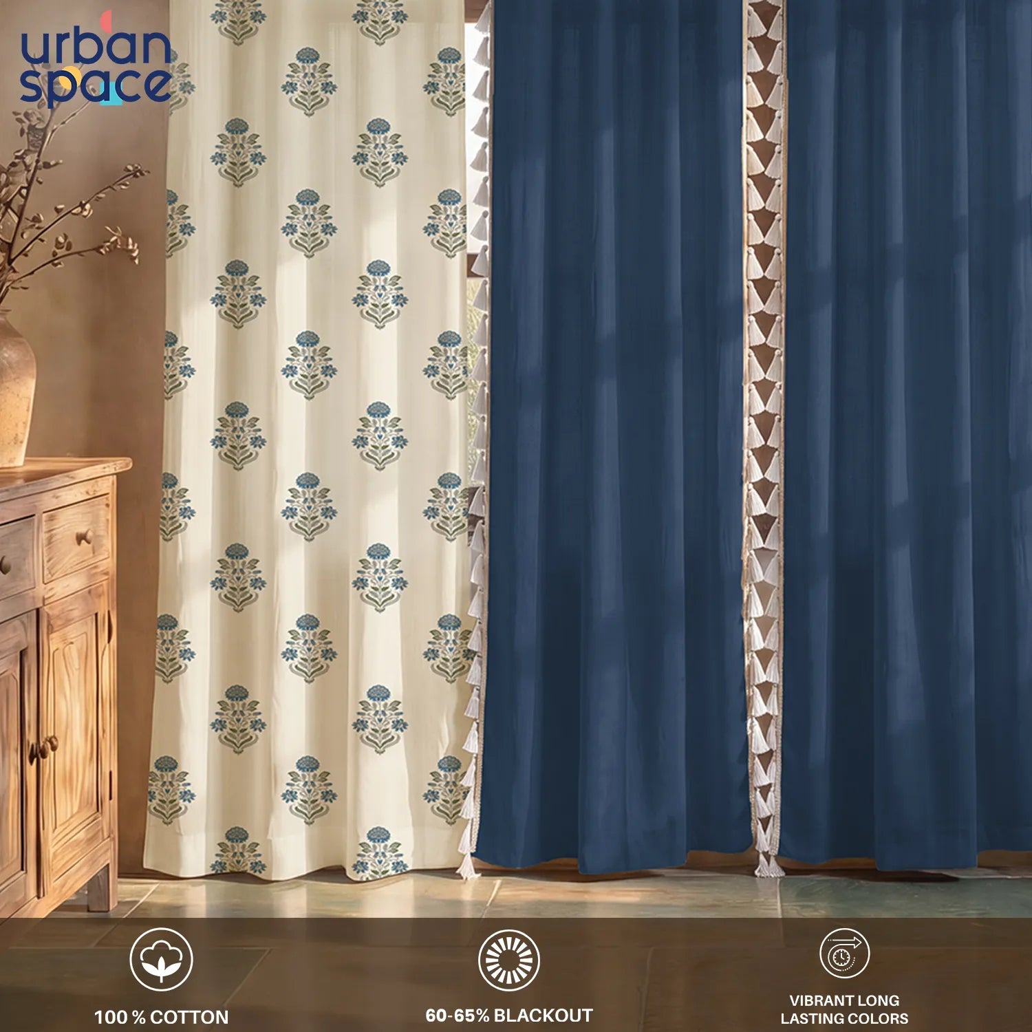 Cotton Curtains Combo, Set of 4 curtains, 60-65% Room Darkening Curtain - Liberty Blue & Aura Indigo