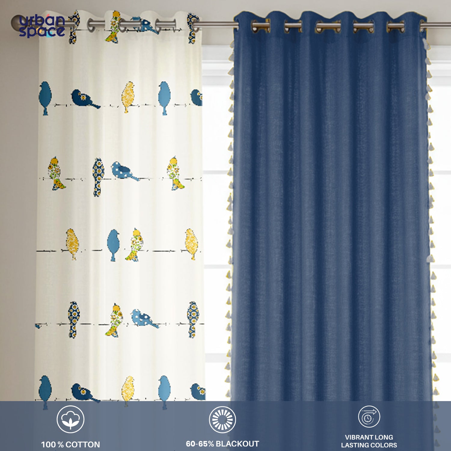 Cotton Curtains Combo, Set of 3 curtains, 60-65% Room Darkening Curtain - Humming Bird Blue & Aura Indigo
