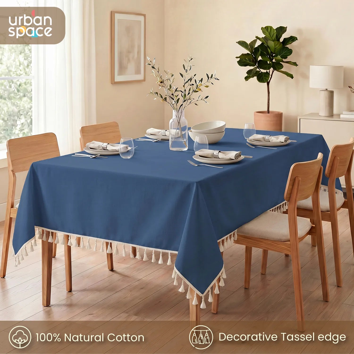 100% Cotton Table Cover with Tassels for 4 or 6 seater Dining Table- Aura Indigo