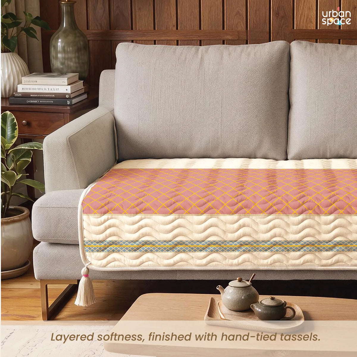 Anti Skid Quilted & Printed Velvet Sofa Mats with Tassels - Zari Jaal Pink