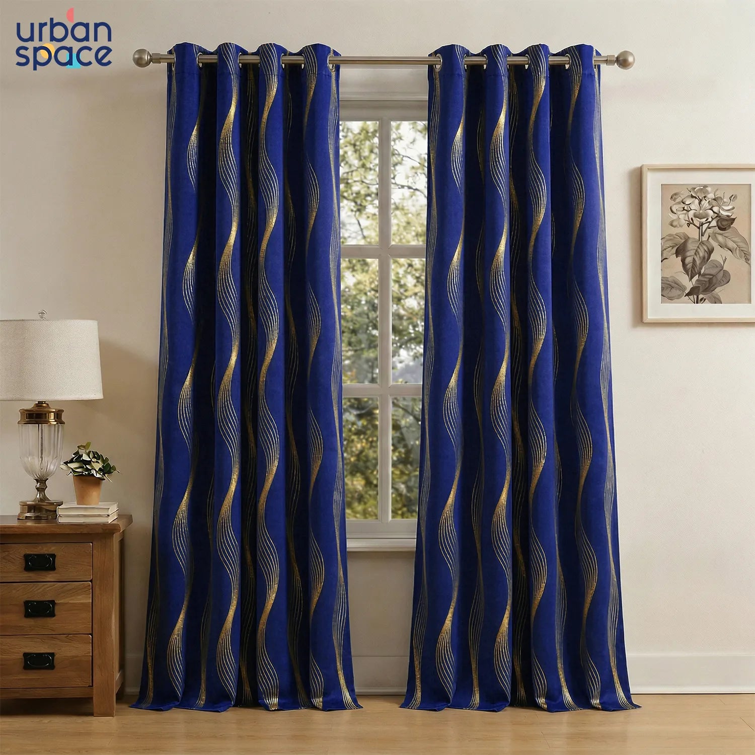 Gold Foil Printed 80-85% Blackout Curtains - Pack of 1 Curtain - Double Wave - Navy Blue
