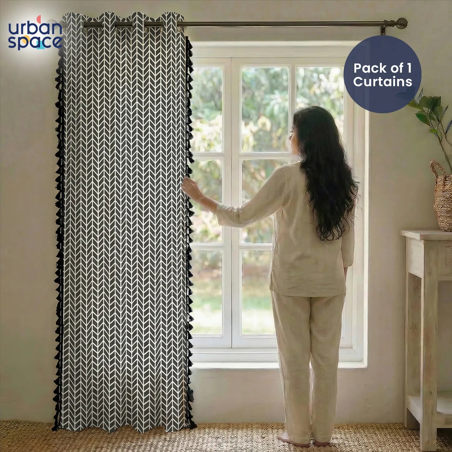 100% Cotton Room Darkening Curtains, Pack of 1 Curtain - Bohemian Herringbone Grey