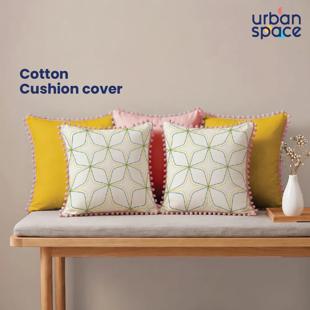 Festive Cushion Covers for Sofa & Couch, Set of 5 - Tahira, Aura Yellow & Pink with pom