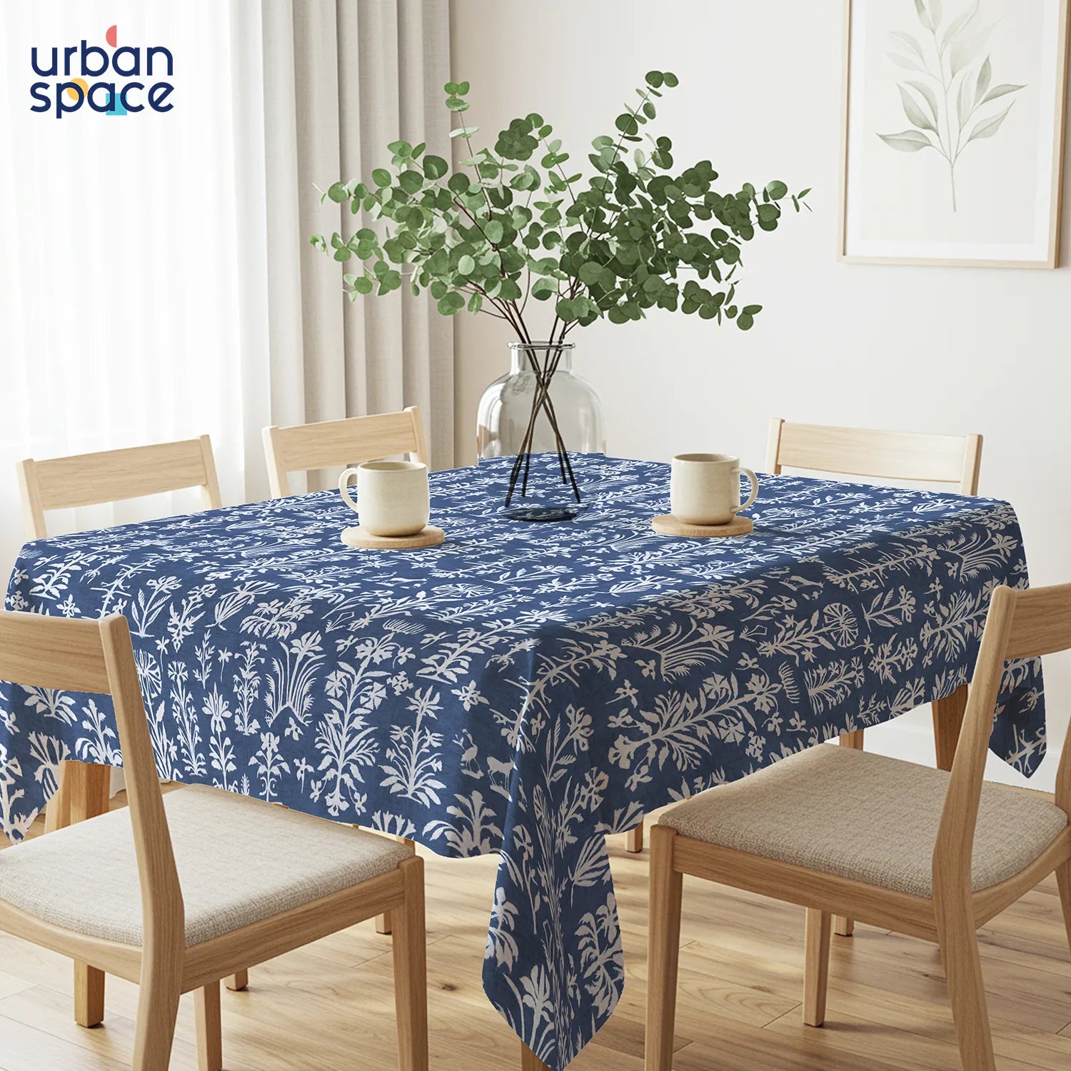 100% Printed Cotton Dining Table Cover for 4 & 6 Seater - Twigs Indigo
