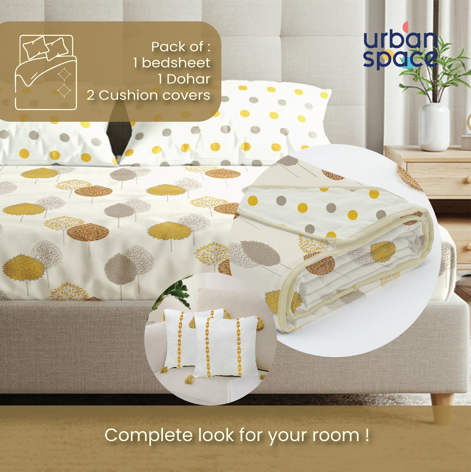 6 Pc Cotton Bedding Set in Gift Box, Drops Mustard