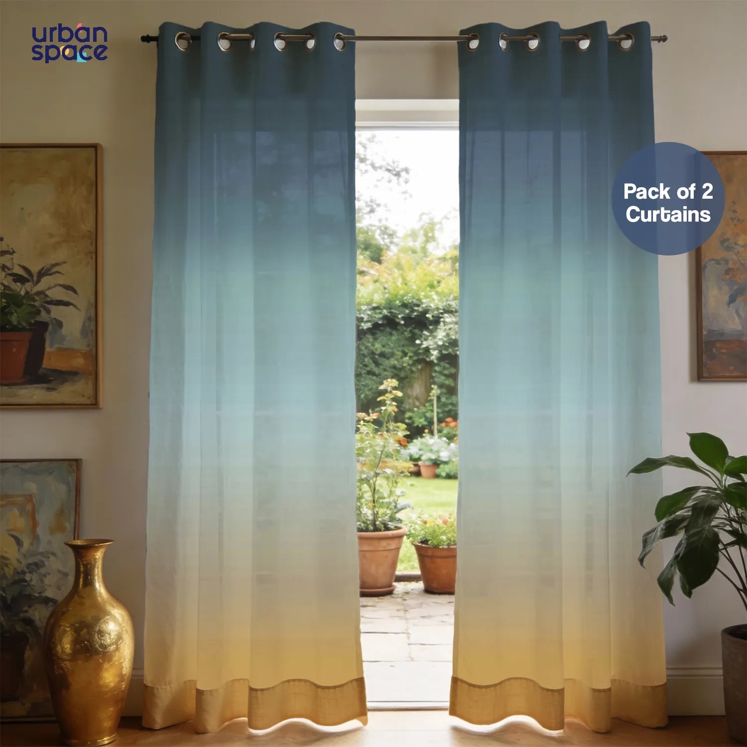Sheer Curtains, Linen Textured & Digital Printed, Pack of 2 - Blue Gold Ombre
