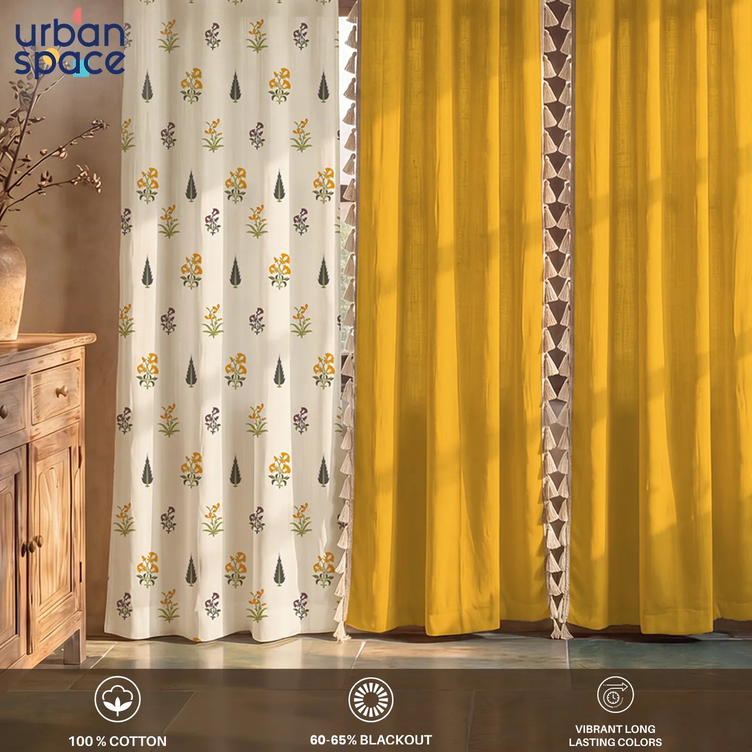 Cotton Curtains Combo, Set of 4 curtains, 60-65% Room Darkening Curtain - High Garden Yellow & Aura Yellow