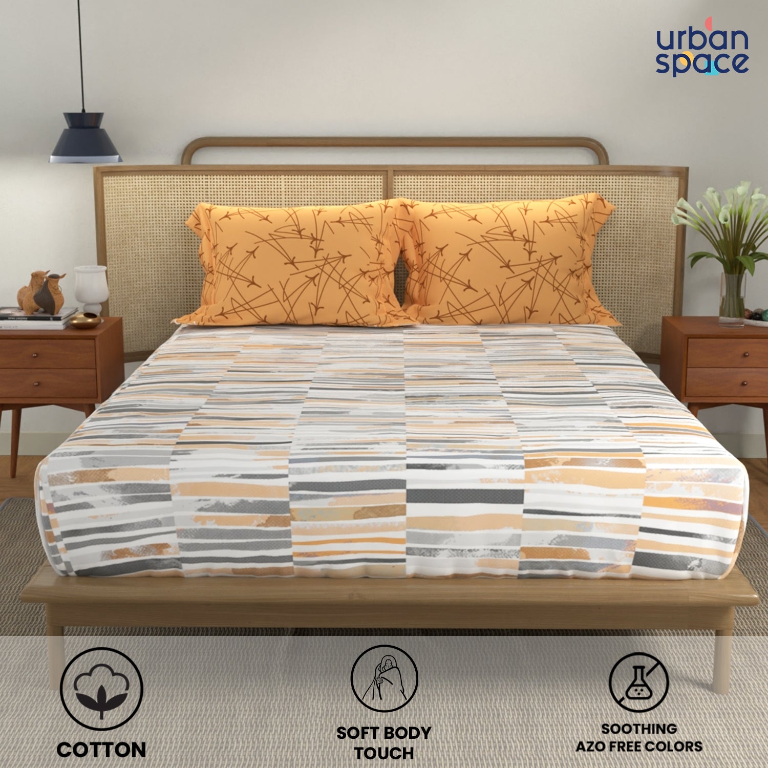 Fitted King Size Cotton Bedsheet - Stripes Mustard