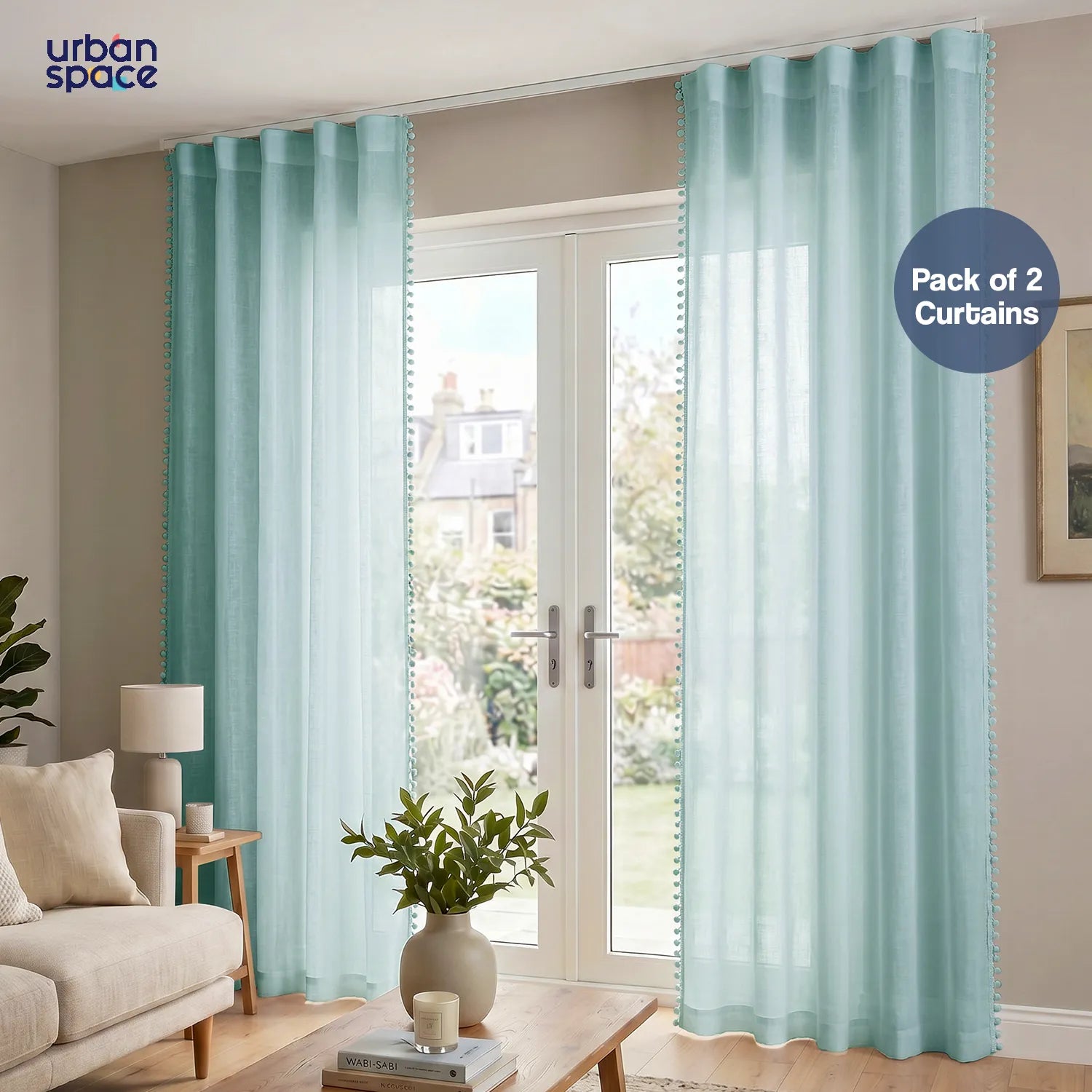 Sheer Curtain for Living Room with linen texture & Track Channel, Net Curtain for balcony, Pack of 2 Curtains -  Aqua with pom pom