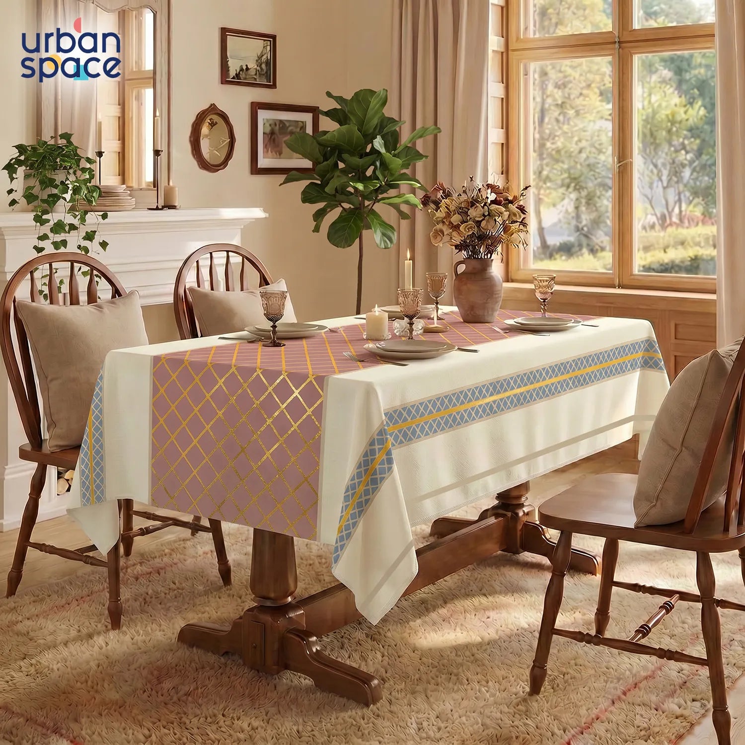 100% Cotton Table cloth/ table cover for 4 or 6 seater Dining / Centre Table - Zari Jaal Dusty Pink Gold