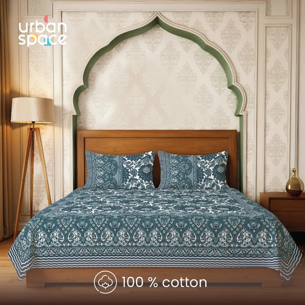Rajasthani Ethnic 100% Cotton Bedsheet with 2 Pillow Covers, Double & King Bed - Morbagh