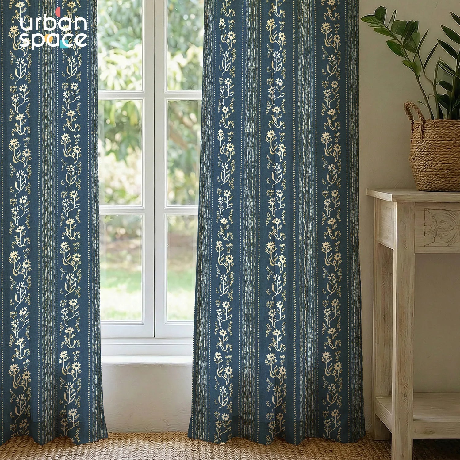 100% Cotton Curtains for Living Room, Bedroom curtains - Pack of 2 curtains, Garden trail Indigo