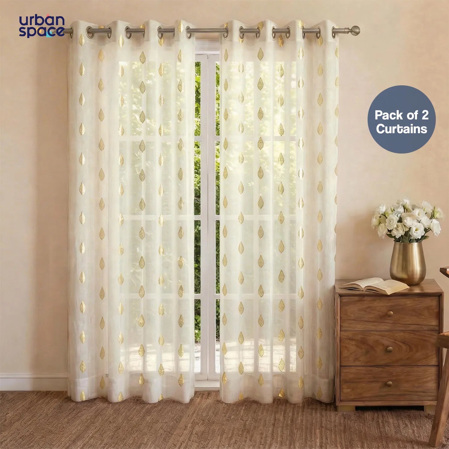 Linen Textured Metallic Gold Foil Sheer Curtains, Pack of 2 Curtains - Vanya Buttercream