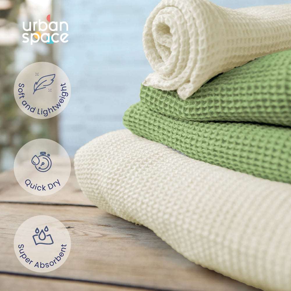 Premium 100% Cotton Waffle Bath Towel Set of 6, 2 Bath towels, 2 Hand towels, 2 Face Towels, Sage Green & Beige