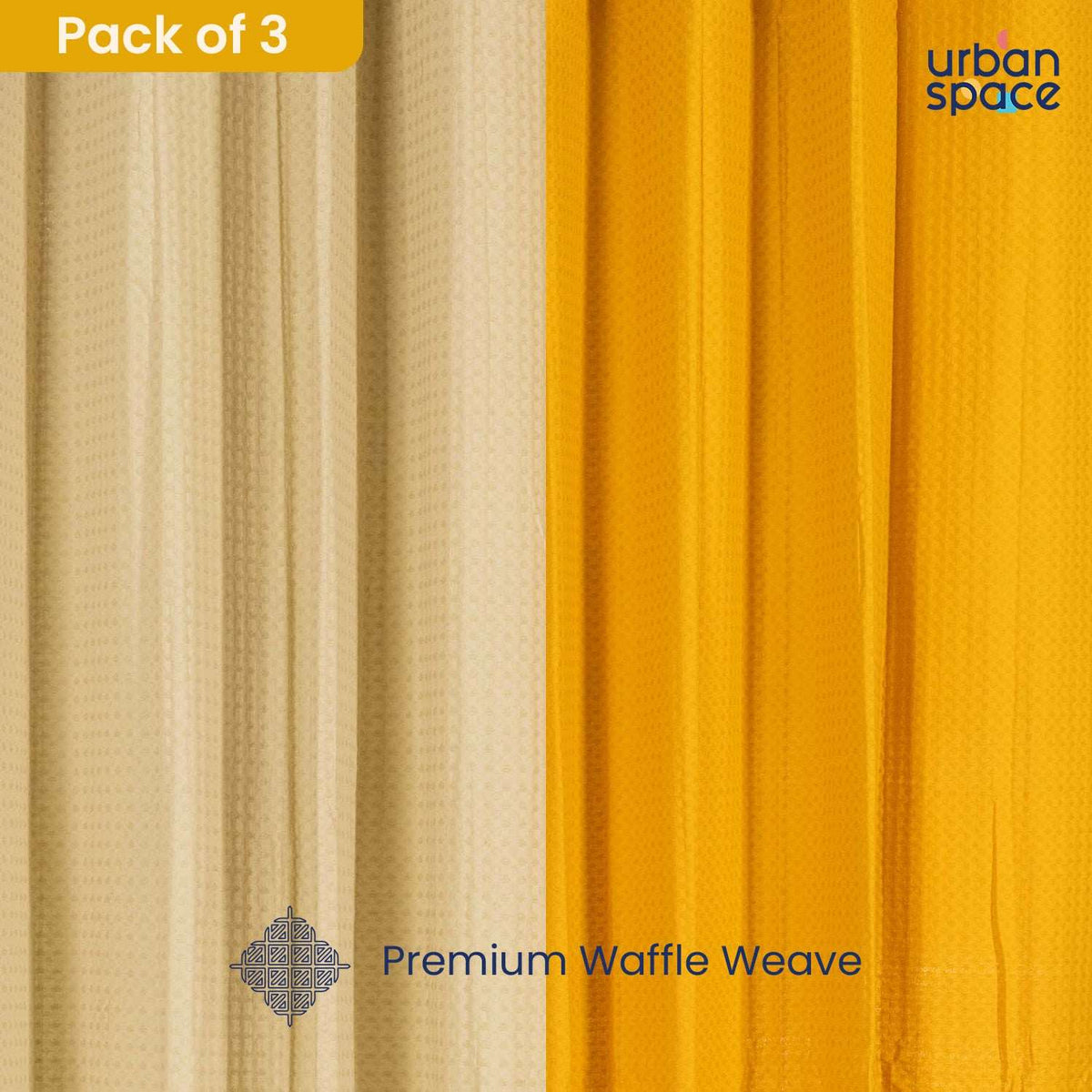 100% Cotton Waffle weave Curtains Combo, Set of 3 curtains, 60-65% Room Darkening Curtain - Mustard & Beige