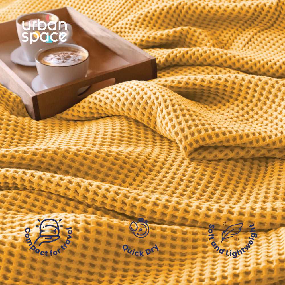 100% Cotton Waffle Throw Blanket, Soft Decorative Throw with Tassels - Mustard