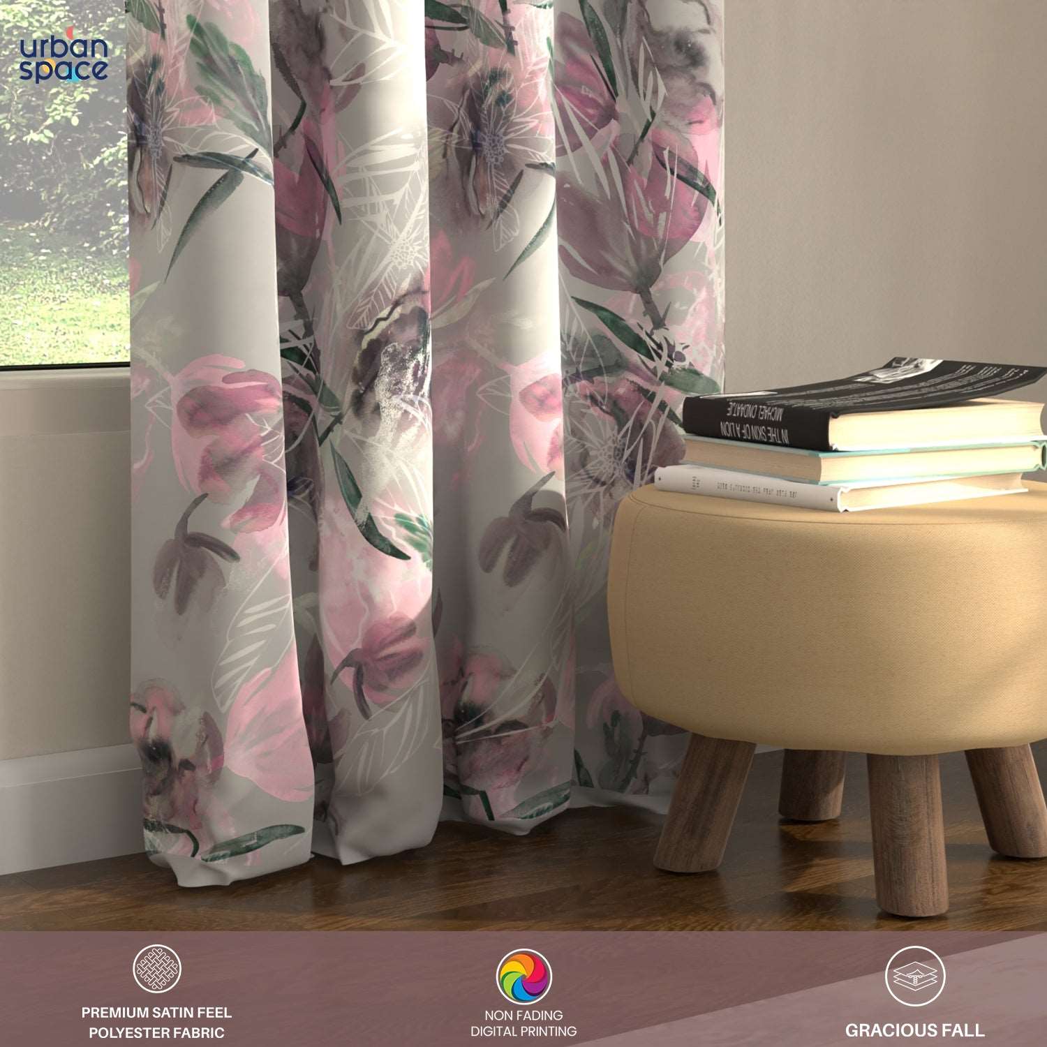 Blackout Curtains, Digital Printed Curtains, Pack of 2 Curtains - Winter Crocus Pink