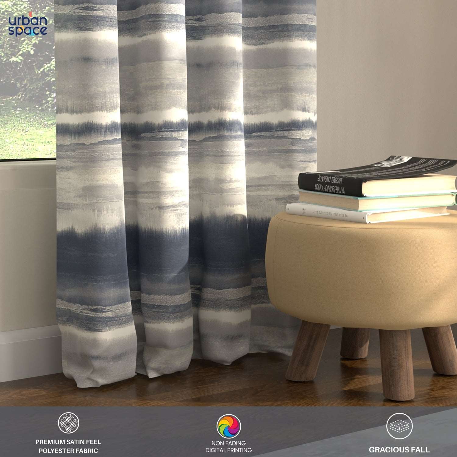 Blackout Curtains, Digital Printed Curtains, Pack of 2 Curtains - Coastal Tides Navy