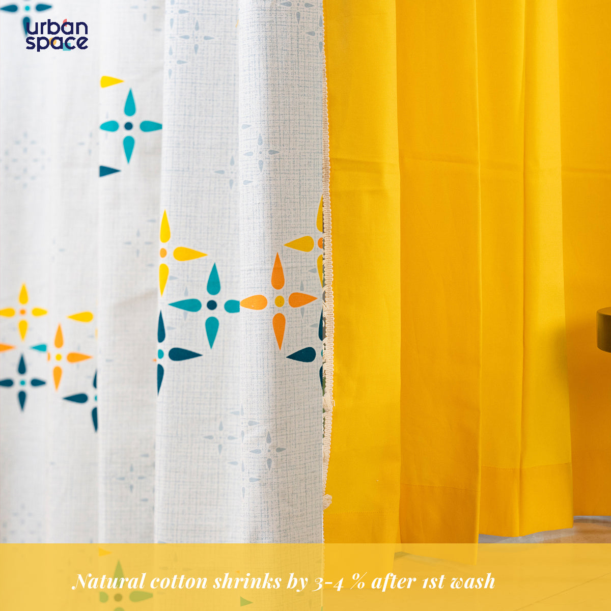 Cotton Curtains Combo, Set of 3 curtains, 60-65% Room Darkening Curtain - Mosaic Yellow & Aura Yellow image