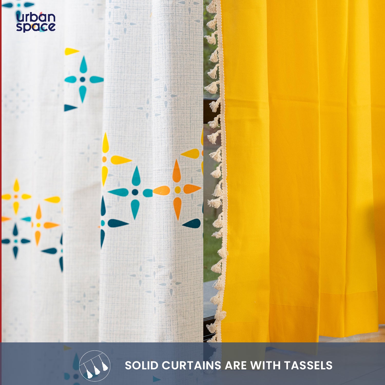 Cotton Curtains Combo, Set of 4 curtains, 60-65% Room Darkening Curtain - Mosaic Yellow & Aura Yellow image