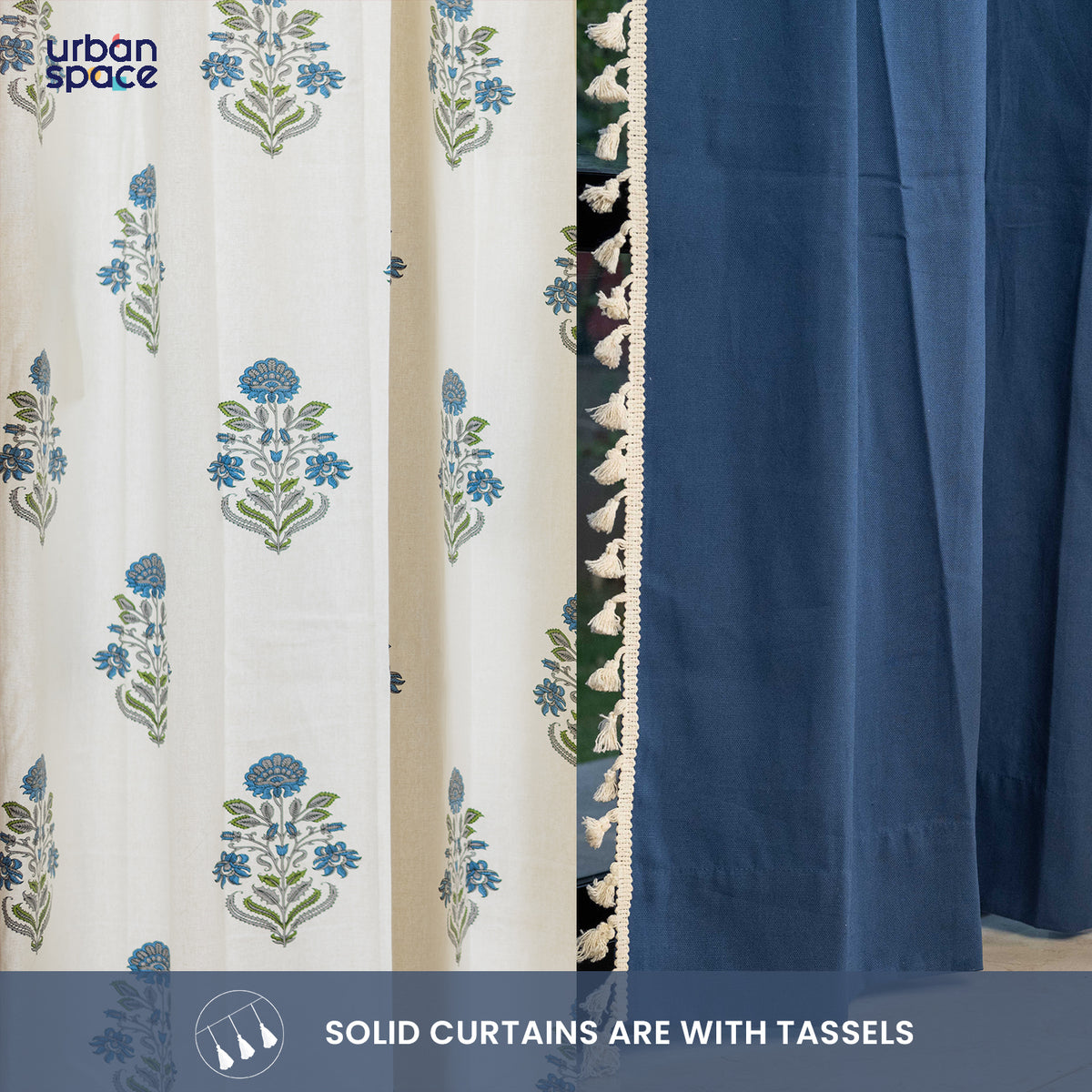 Cotton Curtains Combo, Set of 4 curtains, 60-65% Room Darkening Curtain - Liberty Blue & Aura Indigo image