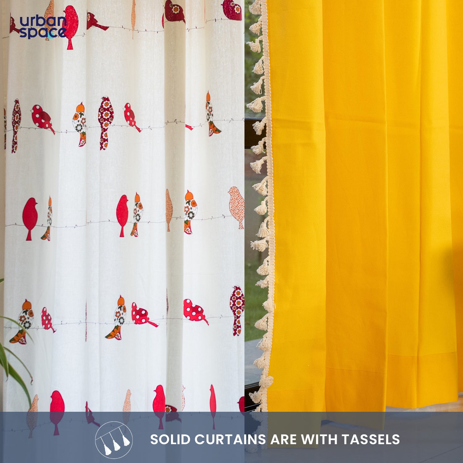 Cotton Curtains Combo, Set of 4 curtains, 60-65% Room Darkening Curtain - Humming Bird Red & Aura Yellow image