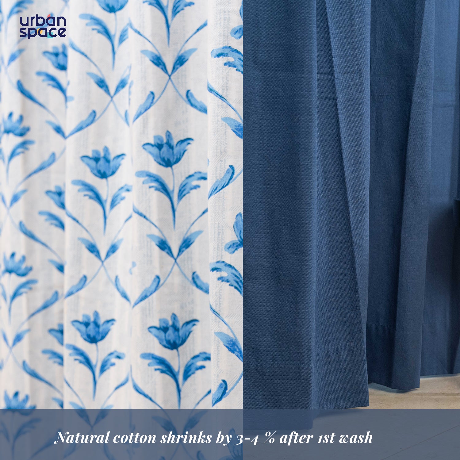 Cotton Curtains Combo, Set of 3 curtains, 60-65% Room Darkening Curtain - Water Lily - Blue & Aura Indigo image
