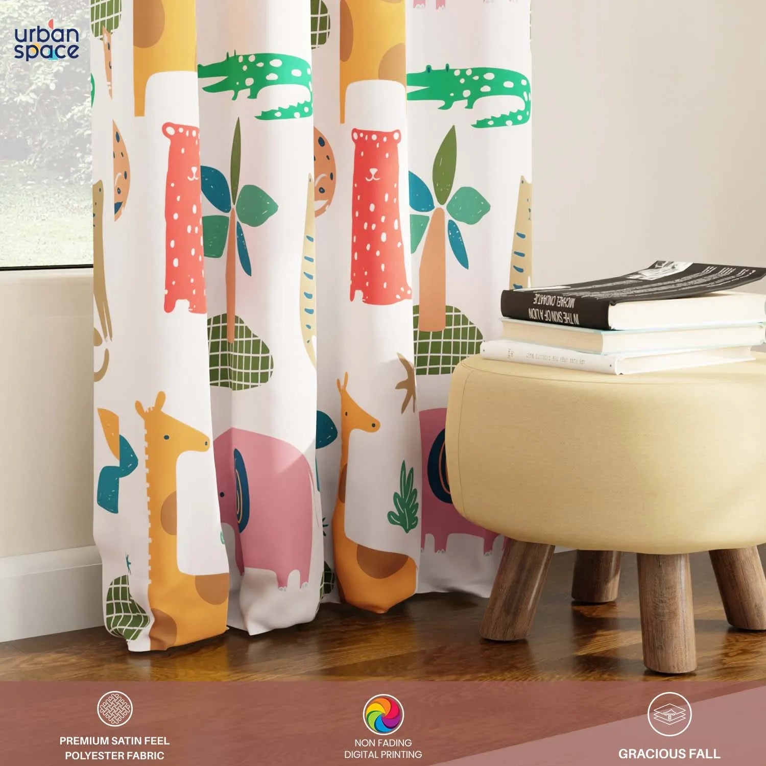 Blackout Curtains, Digital Printed Curtains, Pack of 1 Curtains - Jungle Safari Buttercream