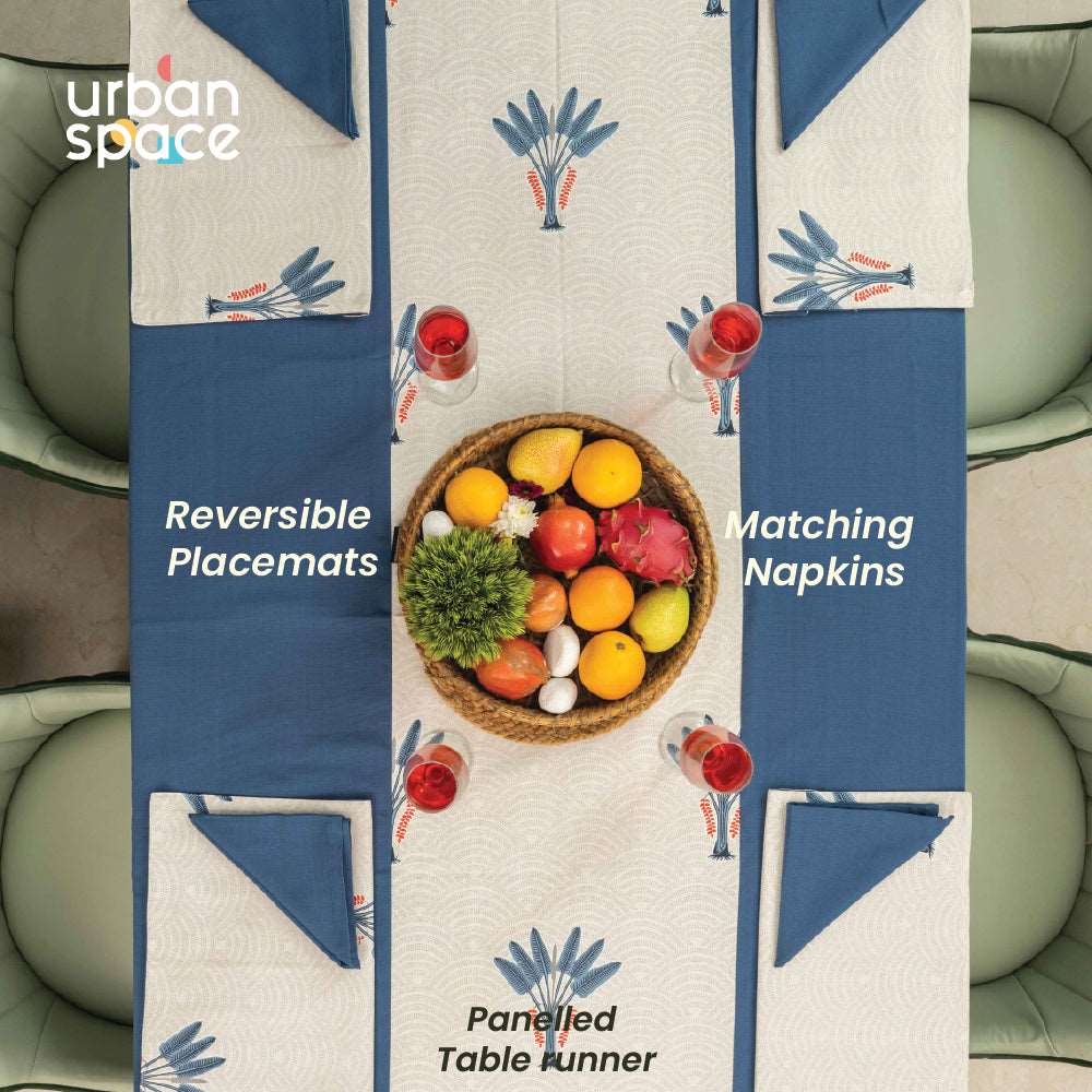 100% Cotton Dining table cover Combo - 1 Table Cloth with Reversible Placemats and Matching solid-colored Napkins - Palm Lagoon Indigo