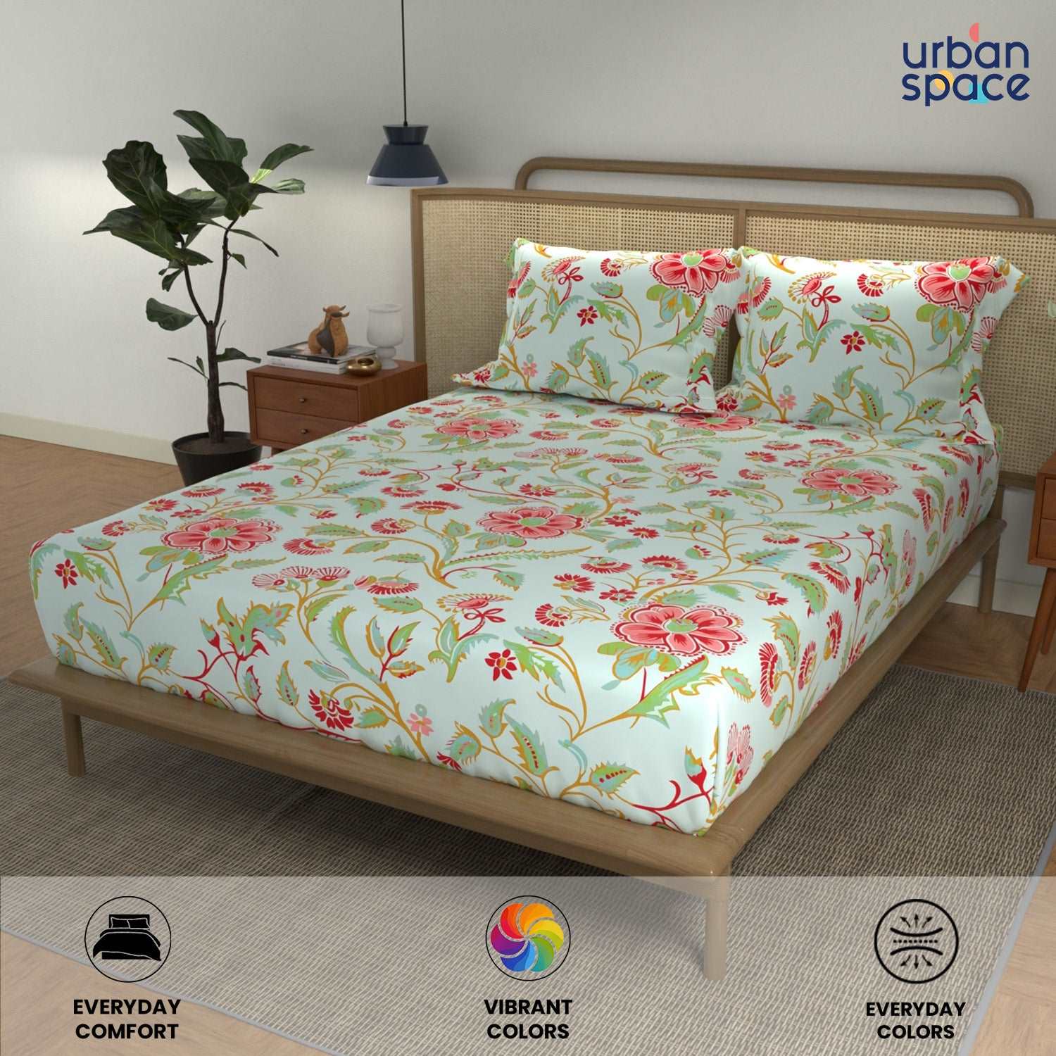 Divine - 100%  Cotton Double Bedsheet with 2 Pillow Covers - Monsoon SkyBlue