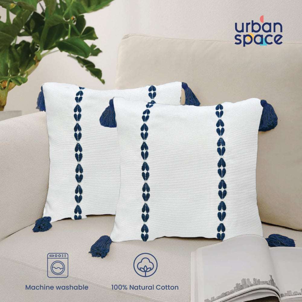 Embroidered Cotton Cushion Cover, for Sofa, Bedroom, Living Room - Set of 2 - Vintage Braid Indigo