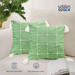 Embroidered Cotton Cushion Cover, for Sofa, Bedroom, Living Room - Set of 2 - Aura Checks Green