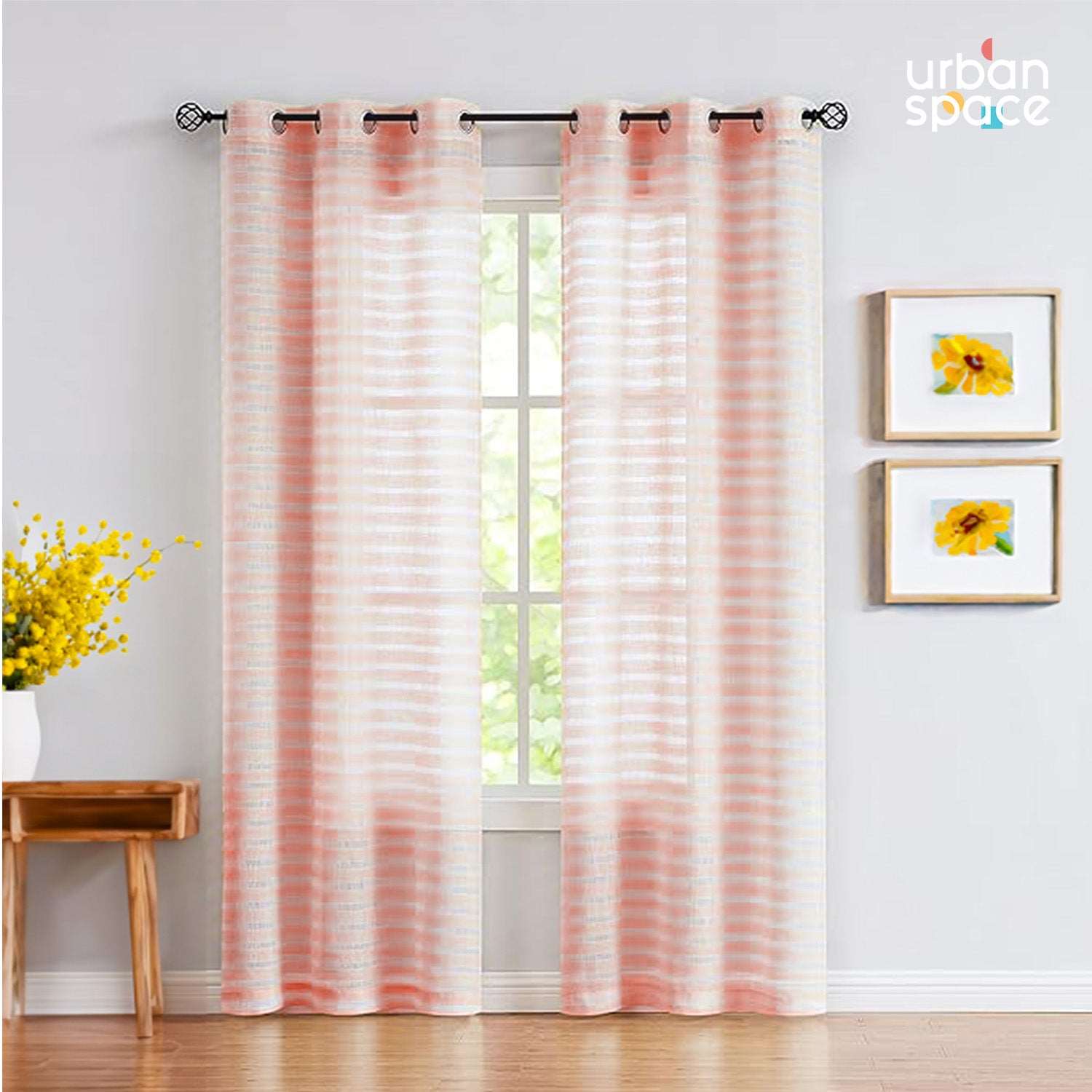 Aari Collection Embriodered Sheer Curtains, 35-40 % Light Filtering Curtains - Pack of 2 - Horizontal Weaves Peach