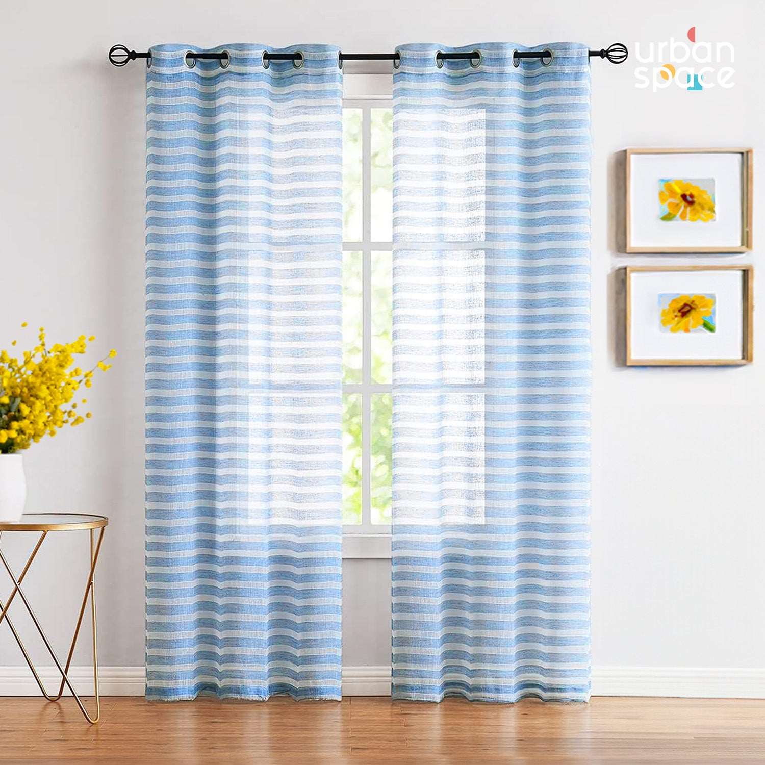Aari Collection Embriodered Sheer Curtains, 35-40 % Light Filtering Curtains - Pack of 2 - Horizontal Weaves Blue