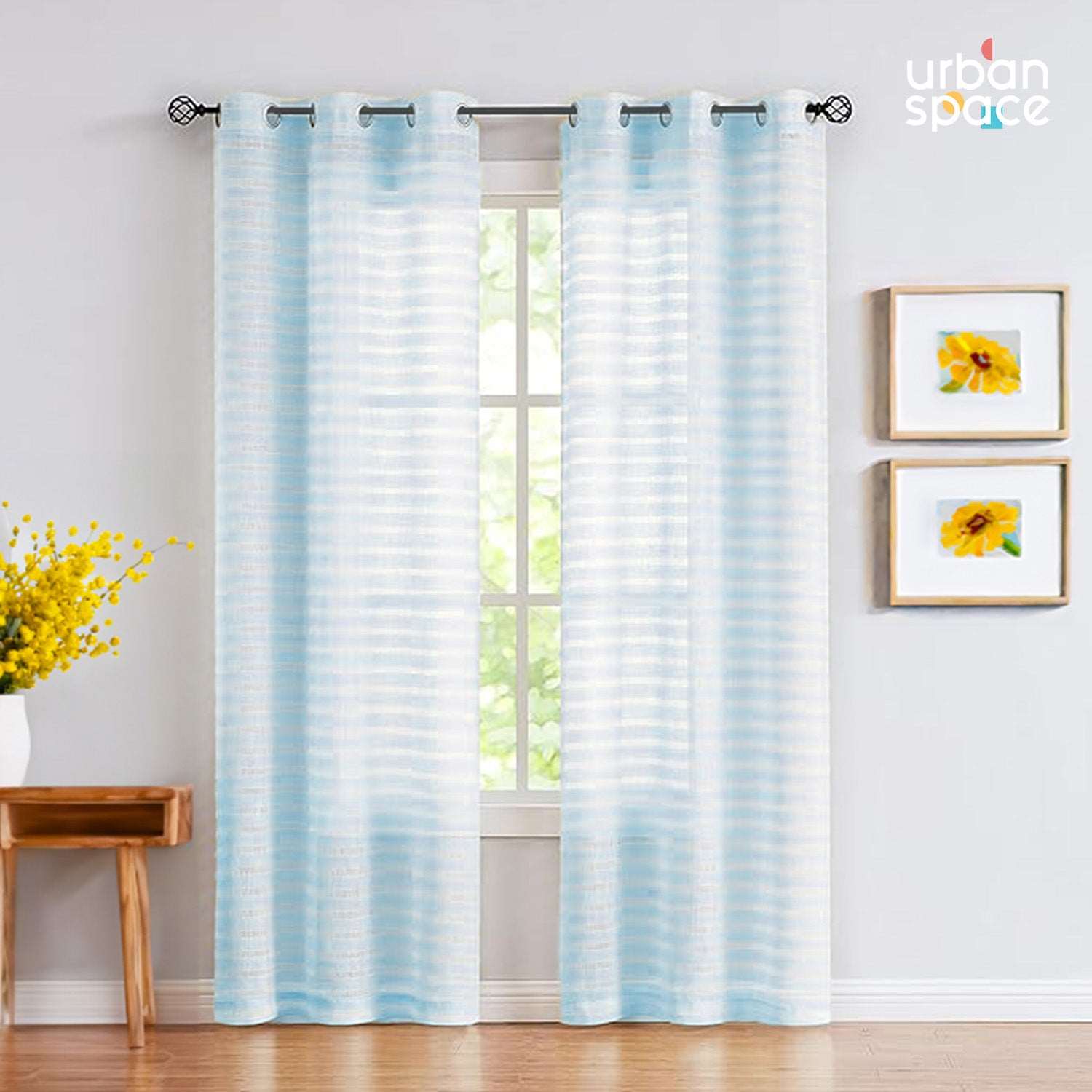 Aari Collection Embriodered Sheer Curtains, 35-40 % Light Filtering Curtains - Pack of 2 - Horizontal Weaves SkyBlue