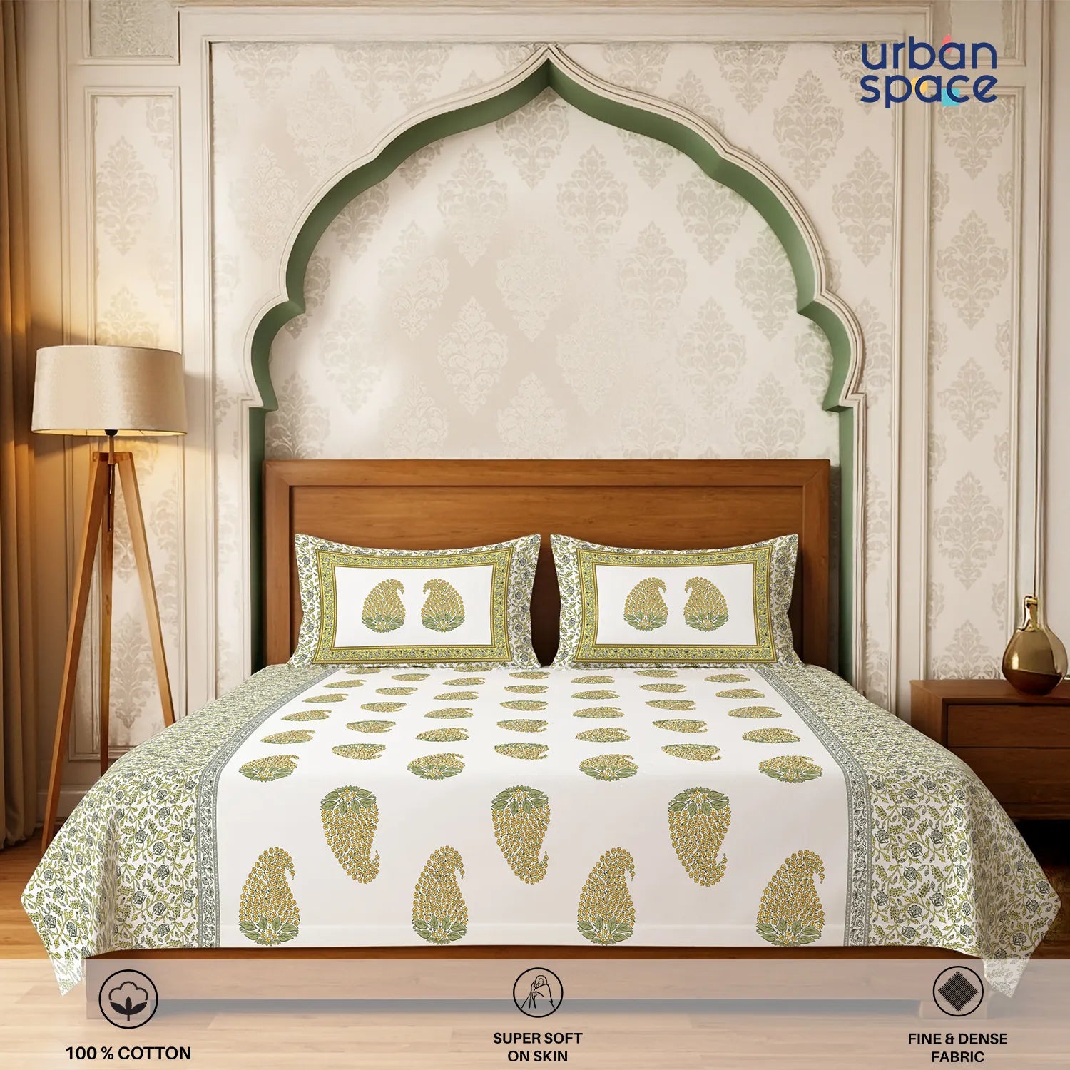 Serene 300 TC 100% Cotton Bedsheet with Pillow Covers, Panel Design - Kairavi Soft Yellow