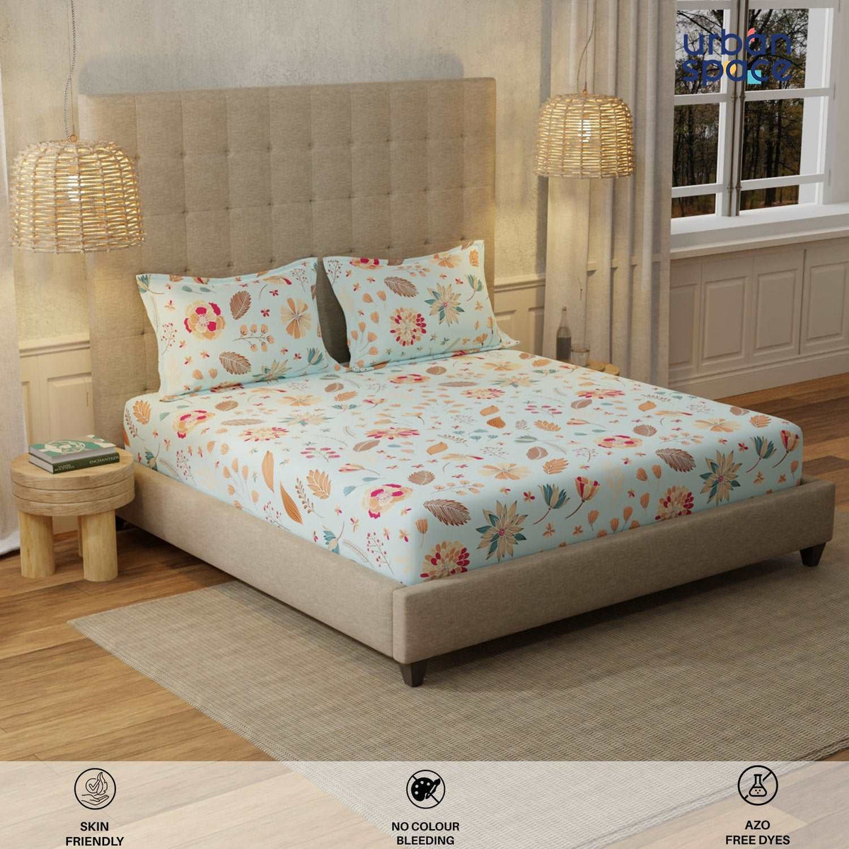 Serene 200 TC 100% Cotton Bedsheet with Pillow Covers - Florence Sky Blue