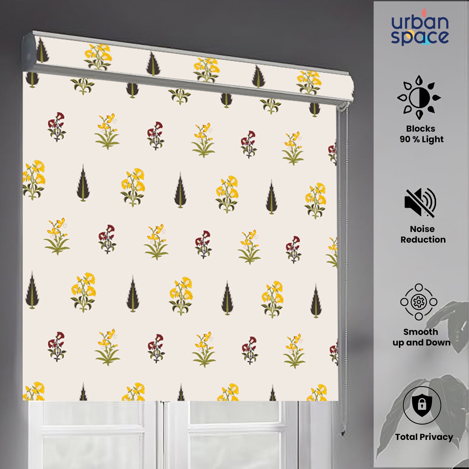 Printed Blackout Roller Blinds - Waterproof, 90% Room Darkening, Corded Roll-Up Curtains for Home & Office - High Garden Yellow