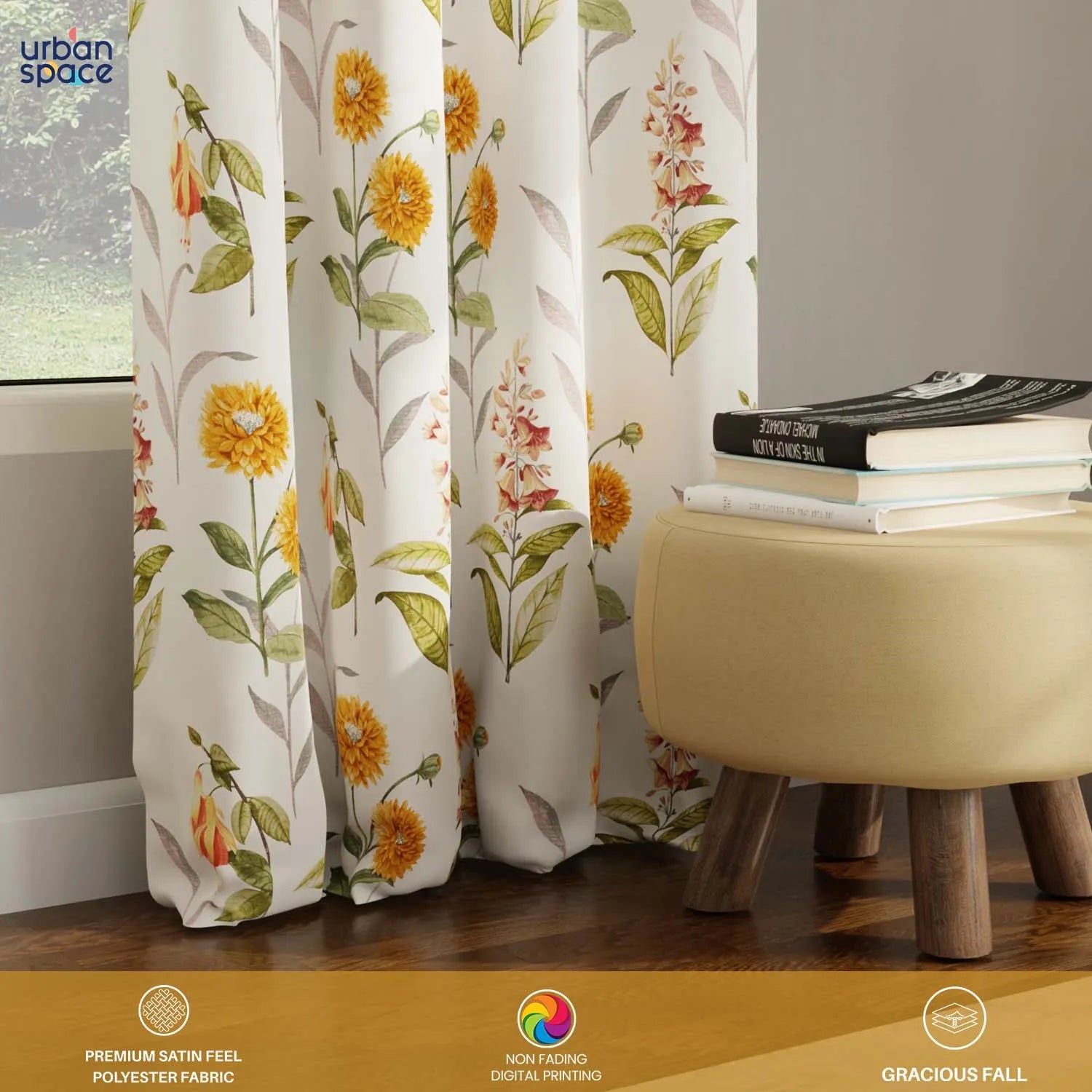 Blackout Curtains, Digital Printed Curtains, Pack of 2 Curtains - Cone Flower - Yellow