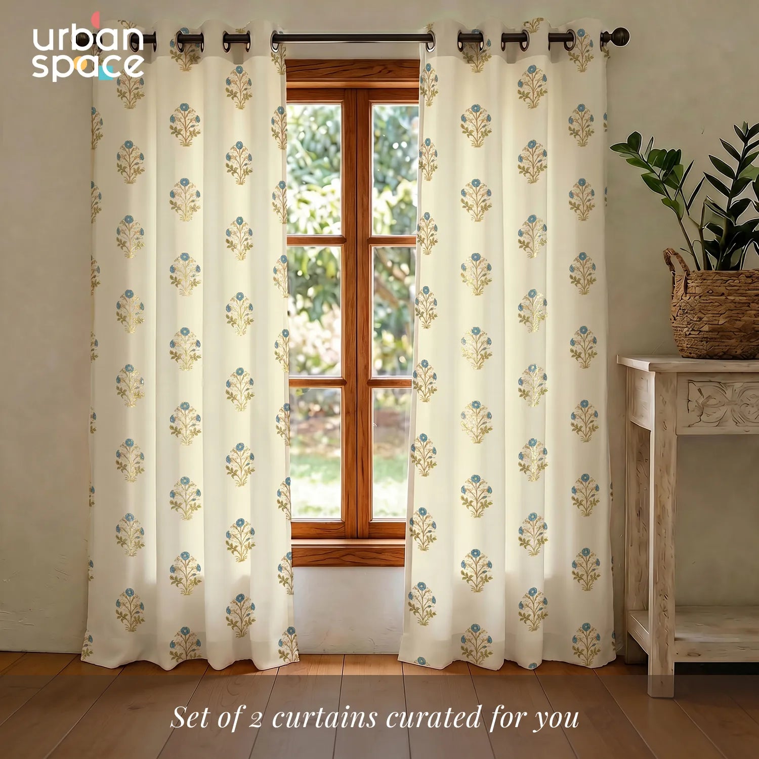 100% Cotton Gold Foil Curtains for Living Room, Bedroom curtains - Pack of 2 curtains, Zari Mohar Blue Gold
