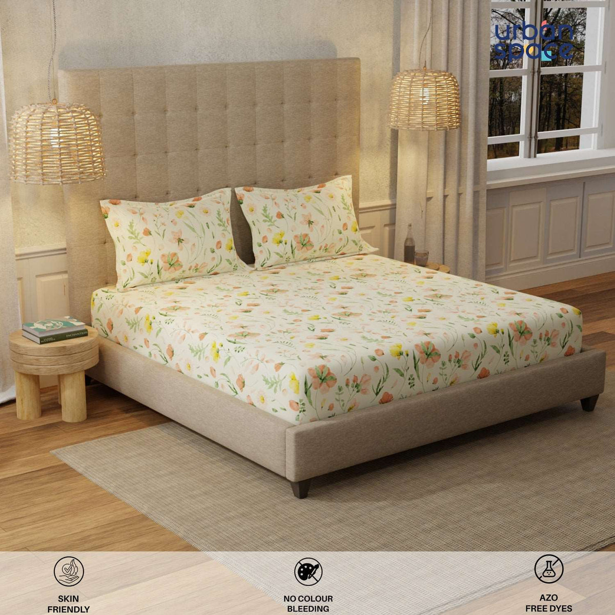 Serene 200 TC 100% Cotton Bedsheet with Pillow Covers - Meadows Buttercream